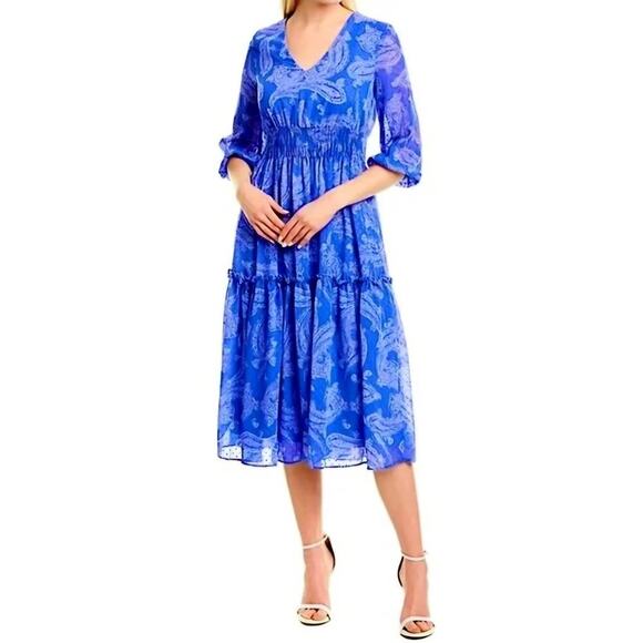 Taylor Womens Forget Me Not Size 4 Blue Paisley Boho Chic V-Neck Midi Dress - Picture 1 of 8